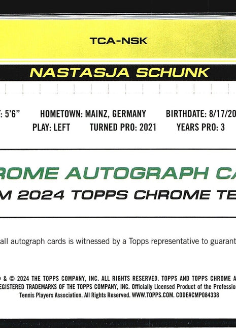 2024 Topps Chrome Tennis Auto Nastasja Schunk #TCA-NSK