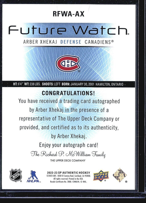 2022-23 SP Authentic 2012-13 Retro Autographed Future Watch Arber Xhekaj /699