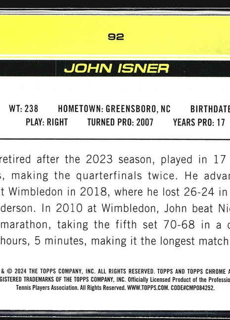 2024 Topps Chrome Tennis Sapphire John Isner #92