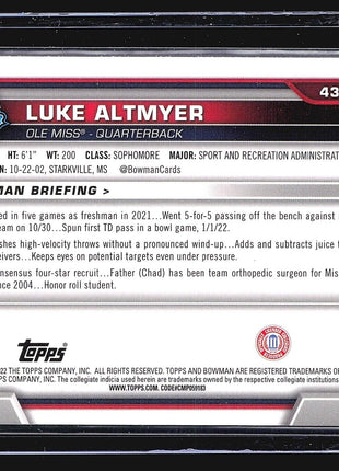 2022 Bowman Chrome U 1st Luke Altmyer #43 Pink