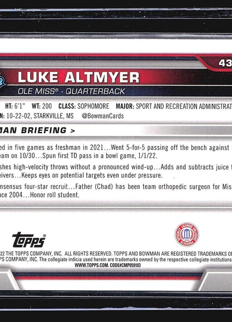 2022 Bowman Chrome U 1st Luke Altmyer #43 Pink