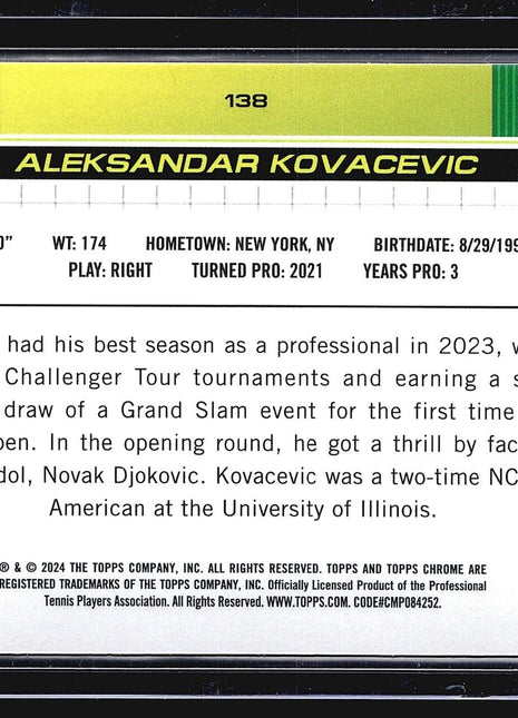 2024 Topps Chrome Tennis Sapphire Green Aleksandar Kovacevic #138 /99