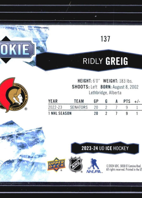 2023-24 Upper Deck Ice - Rookies Green #137 Ridly Greig (RC)