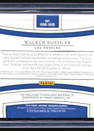 2018 Panini National Treasures Rc Patch Holo Silver #RM-WB Walker Buehler /25