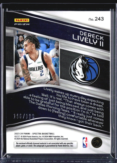 2023-24 Panini Spectra Dereck Lively #243 Rc Patch Auto /199