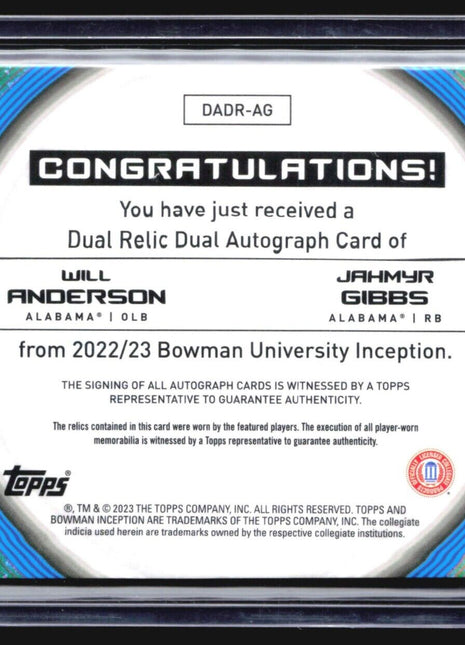 2023 Bowman U Inception Jahmyr Gibbs Will Anderson Dual Rc Patch Auto /99