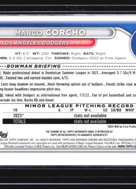 2024 Bowman Chrome - Prospect Auto #CPA-MC Marco Corcho 1st Blue Reptilian /150