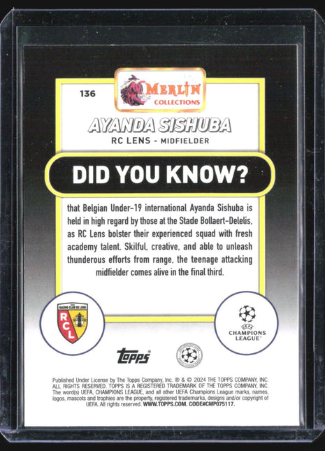 2023-24 Topps Merlin Ayanda Sishuba #136 rc Pink Refractor /275