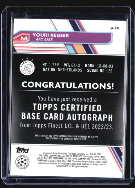 2022-23 Topps Finest Youri Regeer #A-YR Blue Refractor Rc Auto /150