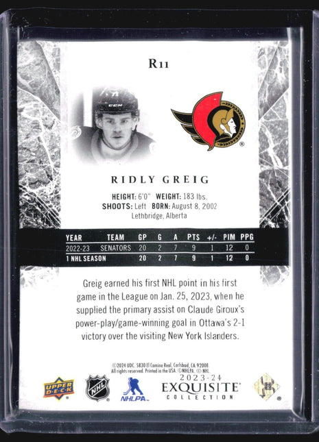 2023-24 Upper Deck Exquisite Rookies Ridly Greig #R11 /499