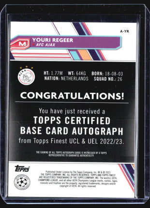 2022-23 Topps Finest Youri Regeer #A-YR Rc Auto Refractor