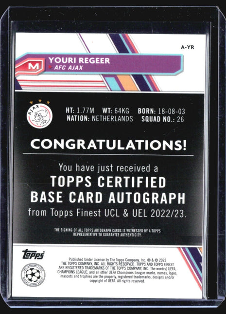 2022-23 Topps Finest Youri Regeer #A-YR Rc Auto Refractor