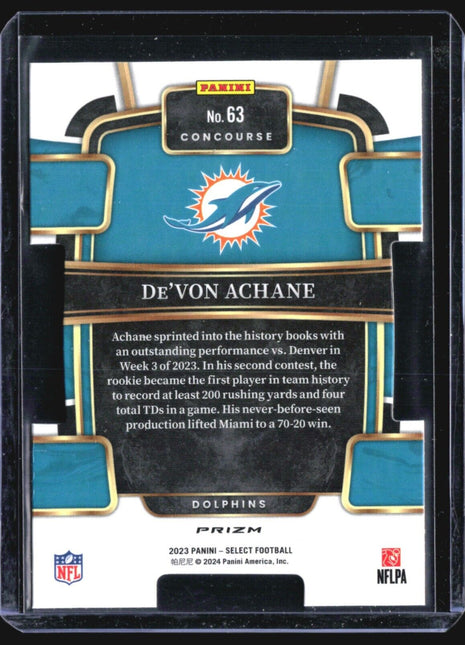 2023 Panini Select Concourse De'Von Achane #63 Silver Die Cut Rc