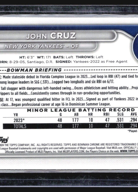 2024 Bowman Chrome 1st Fuschia /199 John Cruz #BCP-77