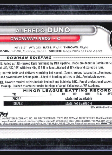 2024 Bowman Alfredo Duno #BP-51 Aqua /499