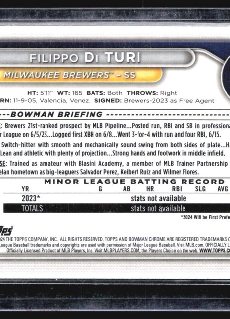 2024 Bowman Chrome 1st Lunar Glow Filippo Di Turi #BCP-101