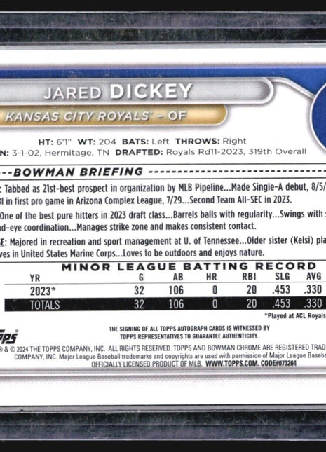 2024 Bowman Chrome 1st Auto Jared Dickey #CPA-JDI