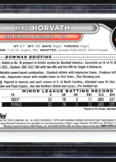 2024 Bowman Chrome Pink /199 Mac Horvath #BCP-6