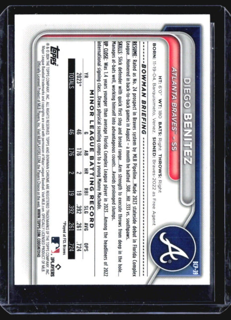 2024 Bowman - Chrome Prospects #BCP-39 Diego Benitez (RC) Green Lunar Glow