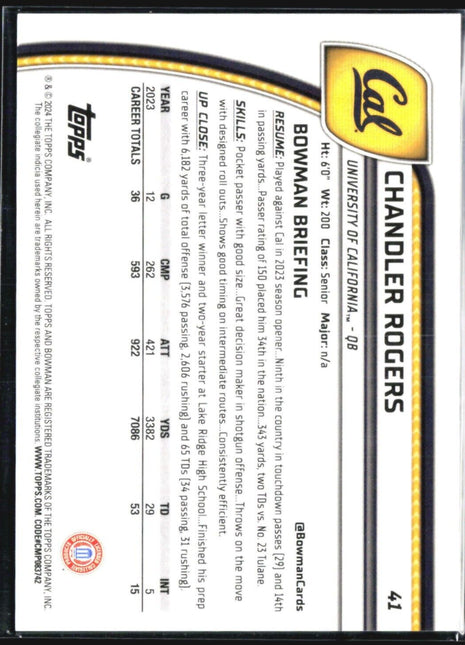 2024 Bowman Chrome U Chandler Rodgers 1st Purple Speckle /375 #41