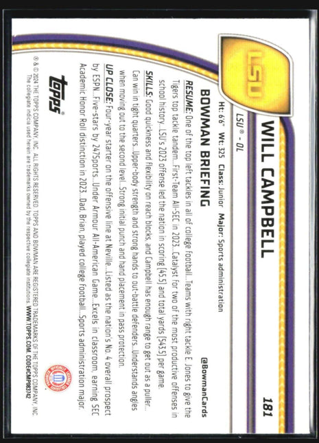 2024 Bowman Chrome U Will Campbell 1st Xfractor #181