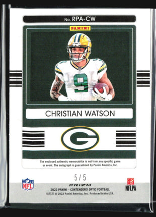 2022 Contenders Optic Rookie Patch Auto #RPA-CW Christian Watson Gold Prizm /5