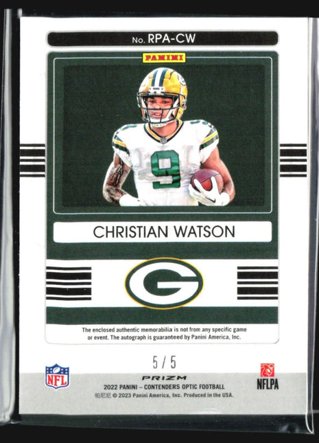 2022 Contenders Optic Rookie Patch Auto #RPA-CW Christian Watson Gold Prizm /5