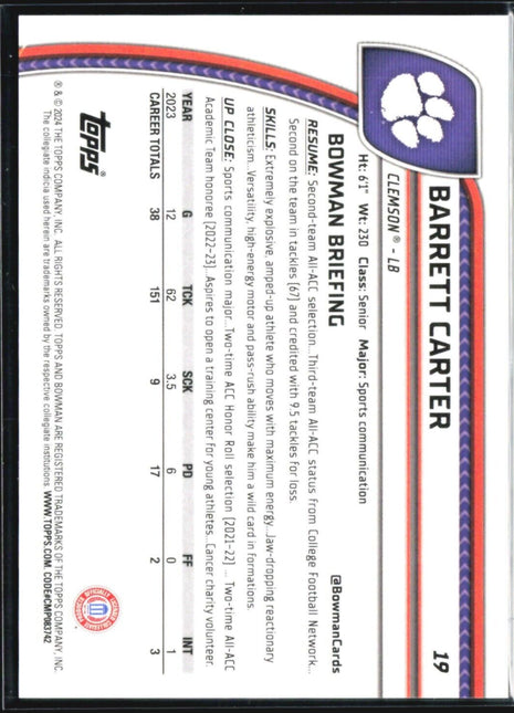 2024 Bowman Chrome U Barrett Carter 1st purple /399 #19