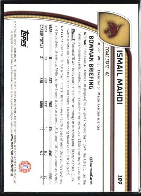 2024 Bowman Chrome U Ismail Mahdi 1st Xfractor #189