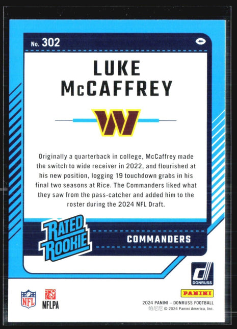 2024 Panini Donruss Luke McCaffrey Rated Rookie #302