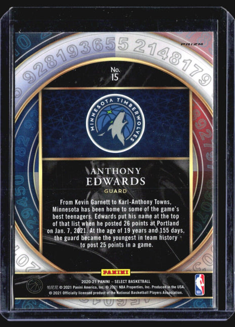 2020-21 Panini Select - Select Numbers #15 Anthony Edwards (RC) Blue Shimmer
