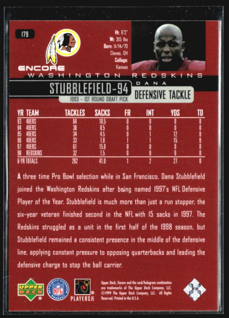 1999 Upper Deck Encore F/X - #179 Dana Stubblefield /100