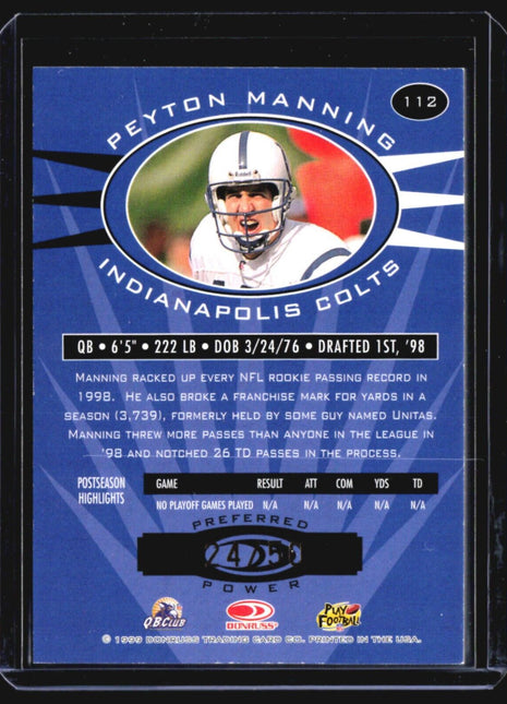 1999 Donruss Preferred Power QBC - #112 Peyton Manning Platinum /50