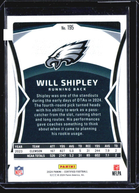 2024 Panini Certified Will Shipley Mirror Oragne Rc /150 #195
