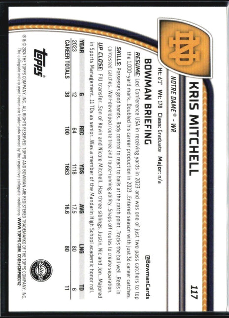 2024 Bowman Chrome U Kris Mitchell 1st Pink /150 #117