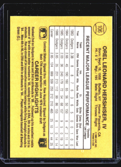 1987 Donruss - #106 Orel Hershiser