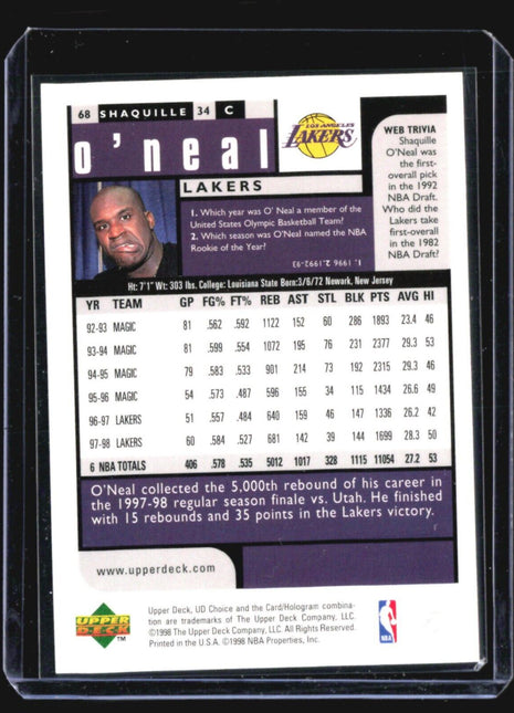 1998-99 Upper Deck UD Choice - #68 Shaquille O'Neal