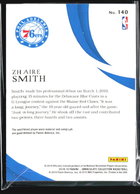 2018-19 Panini Immaculate Rookie Patch Autograph #140 Zhaire Smith /99