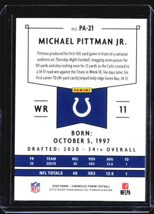 2020 Panini Chronicles - Panini #PA-21 Michael Pittman Jr. (RC)