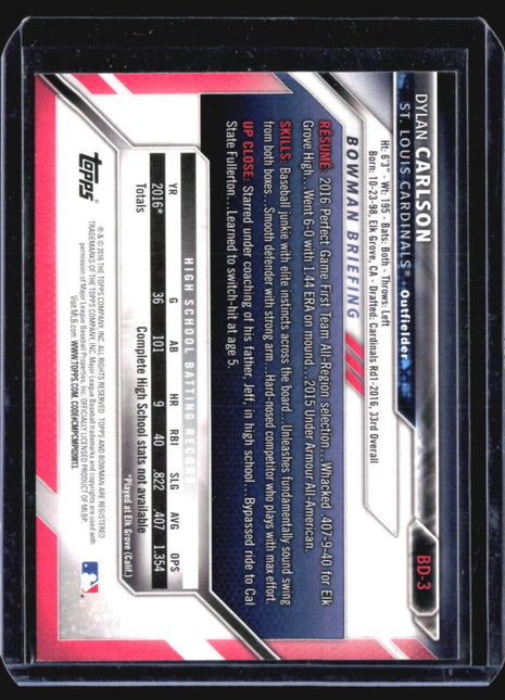 2016 Bowman Draft - Draft Picks #BD-3 Dylan Carlson (RC)