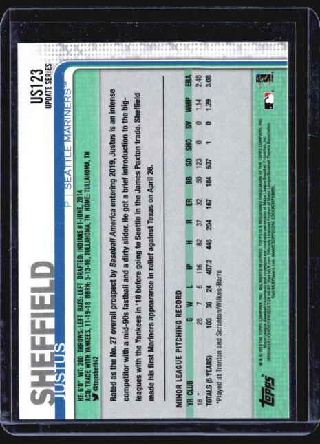 2019 Topps Update Justus Sheffield Rc #US123