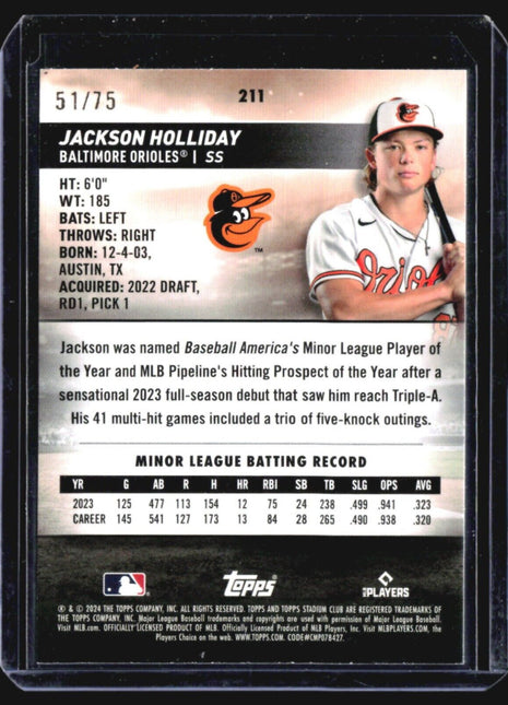 2024 Topps Stadium Club - #211 Jackson Holliday (RC) Purple /75