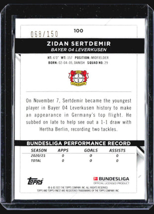 2021-22 Topps Finest Zidan Sertdemir Rc Blue Refractor /150 #100