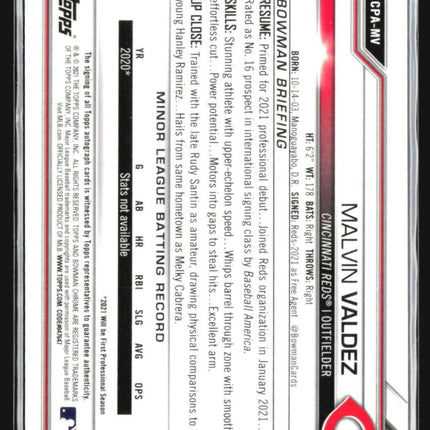 2021 Bowman Chrome - Prospect Autographs #CPA-MV Malvin Valdez Auto