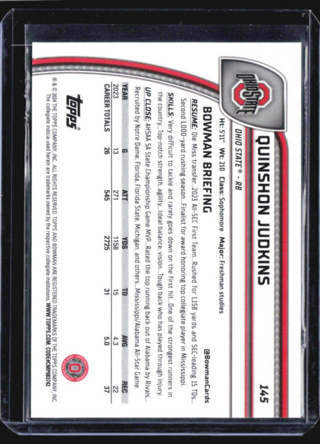 2024 Bowman U Chrome Quinshon Judkins Aqua Refractor /299 #145