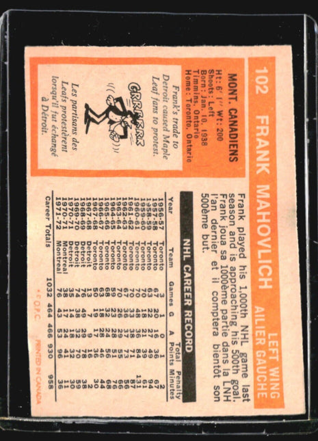 1972-73 O-Pee-Chee - #102 Frank Mahovlich