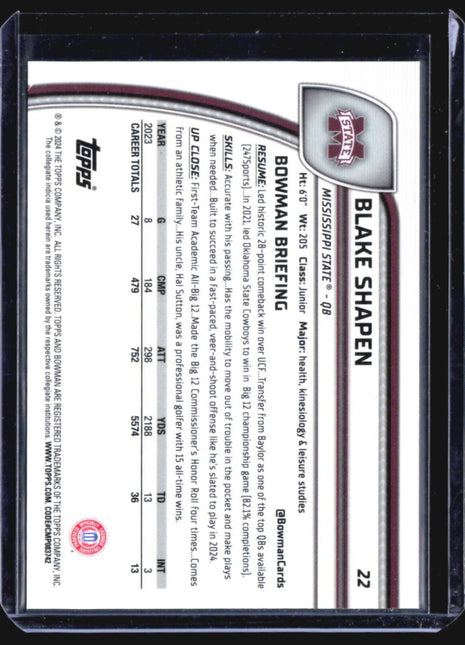 2024 Bowman University Chrome - #22 Blake Shapen (RC) Pink Refractor /150