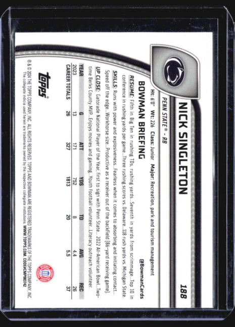 2024 Bowman Chrome U Nick Singleton Blue Speckle /175 #188