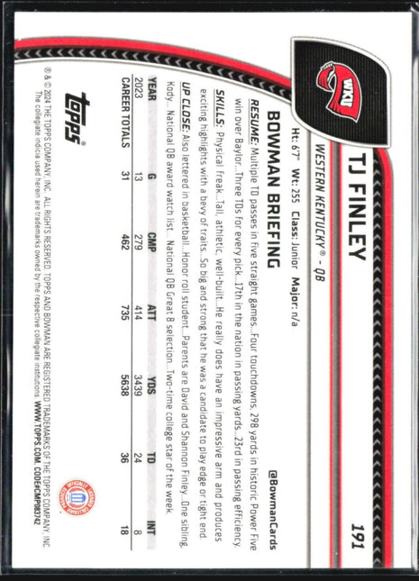 2024 Bowman Chrome U TJ Finley 1st Gold Refractor /50 #191