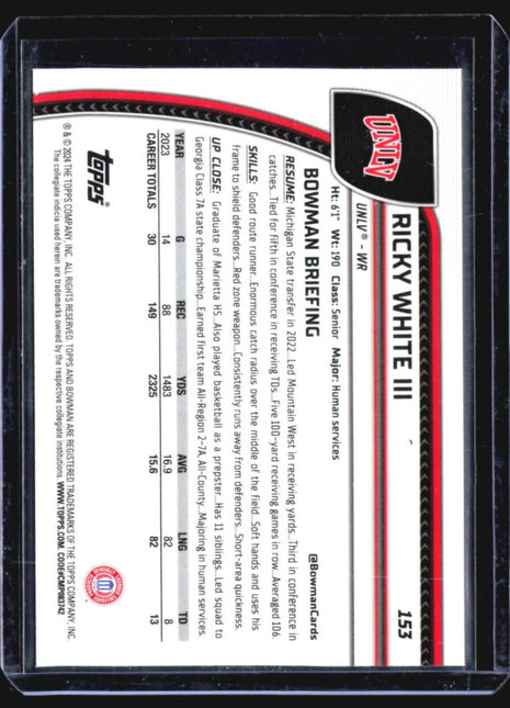 2024 Bowman University Chrome - #153 Ricky White III (RC) Purple Speckle /375